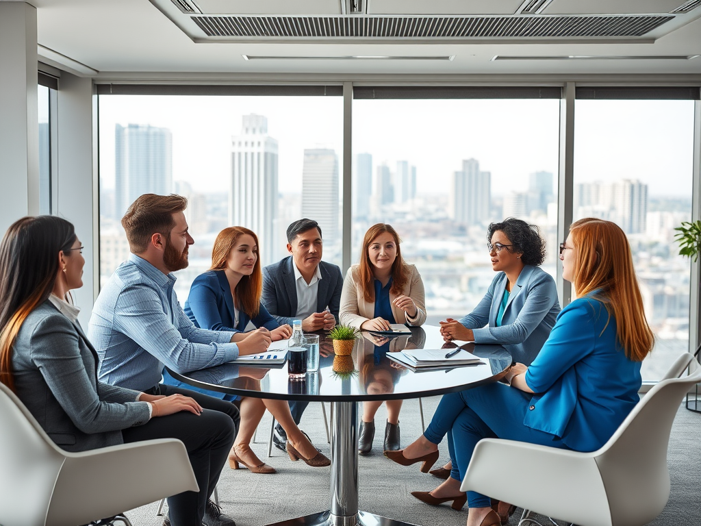 A diverse group of professionals engaged in a meeting around a glass table with a city skyline in the background.