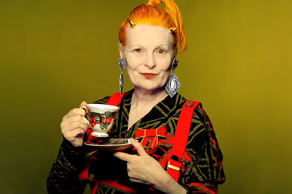 Vivienne Westwood at London Fashion Week, known for her iconic designs and bold fashion statements.