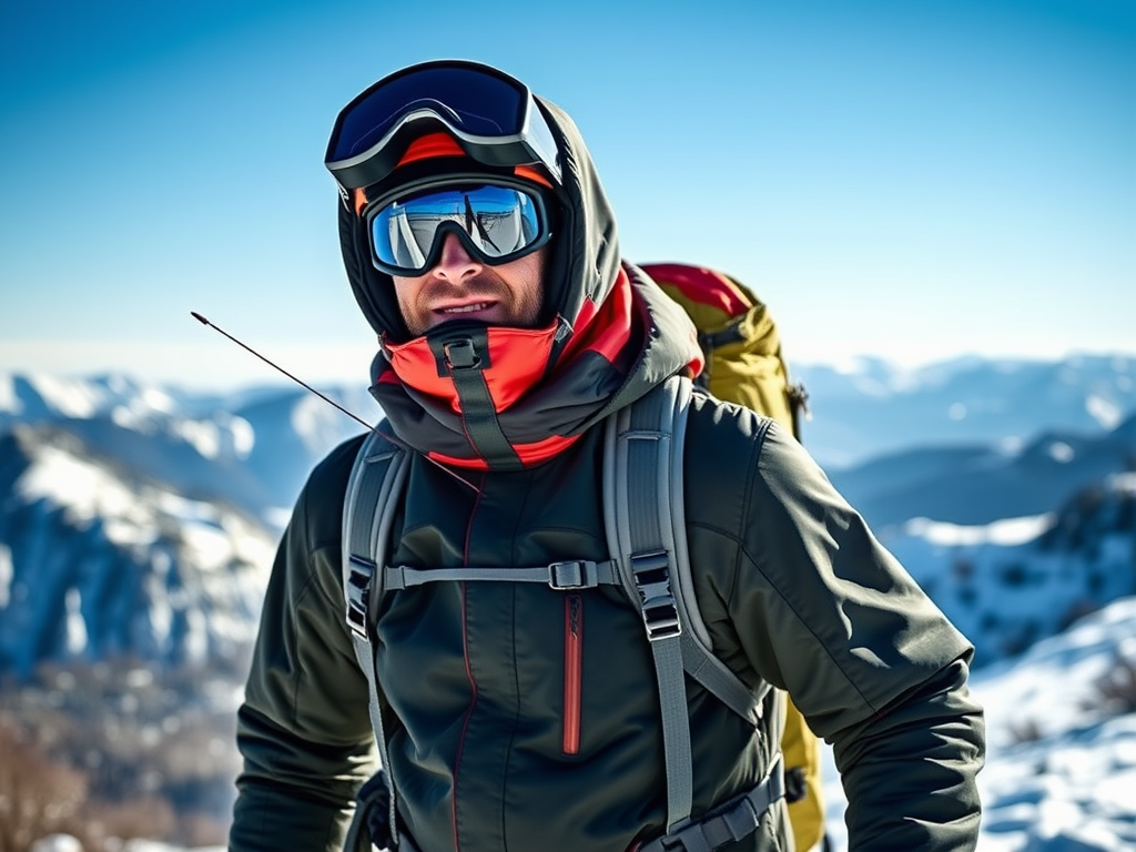 A smiling mountaineer wearing sunglasses and a warm jacket stands in a snowy landscape with mountains in the background.