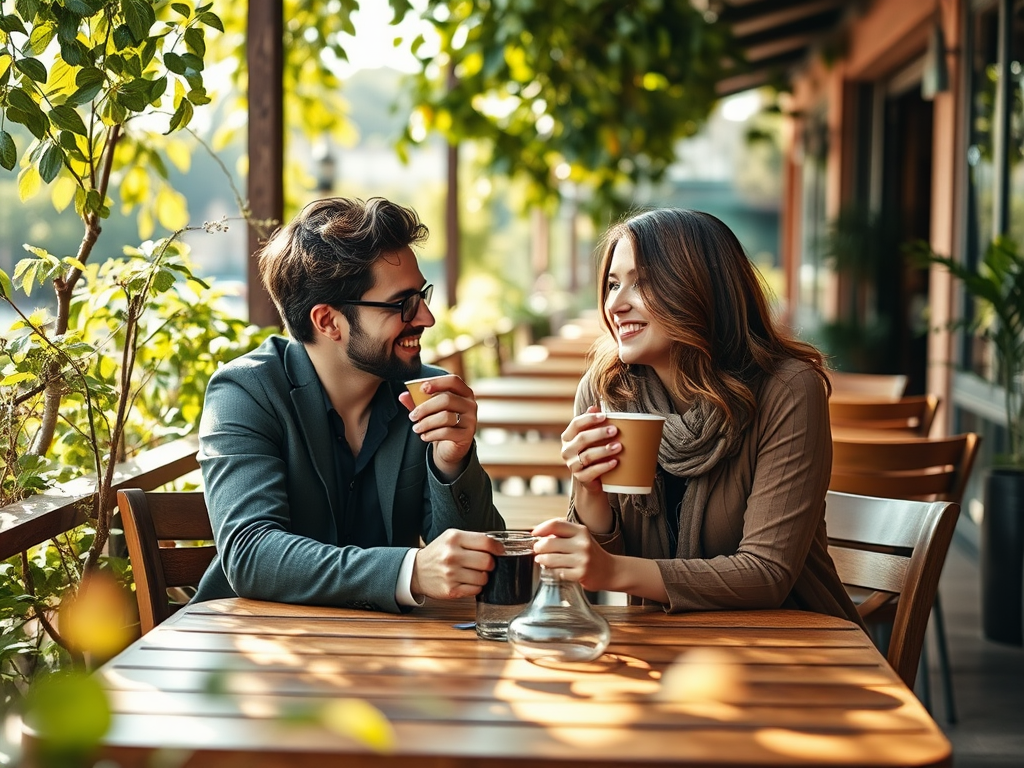 A couple enjoys coffee and smiles at each other at a cozy outdoor café surrounded by greenery.