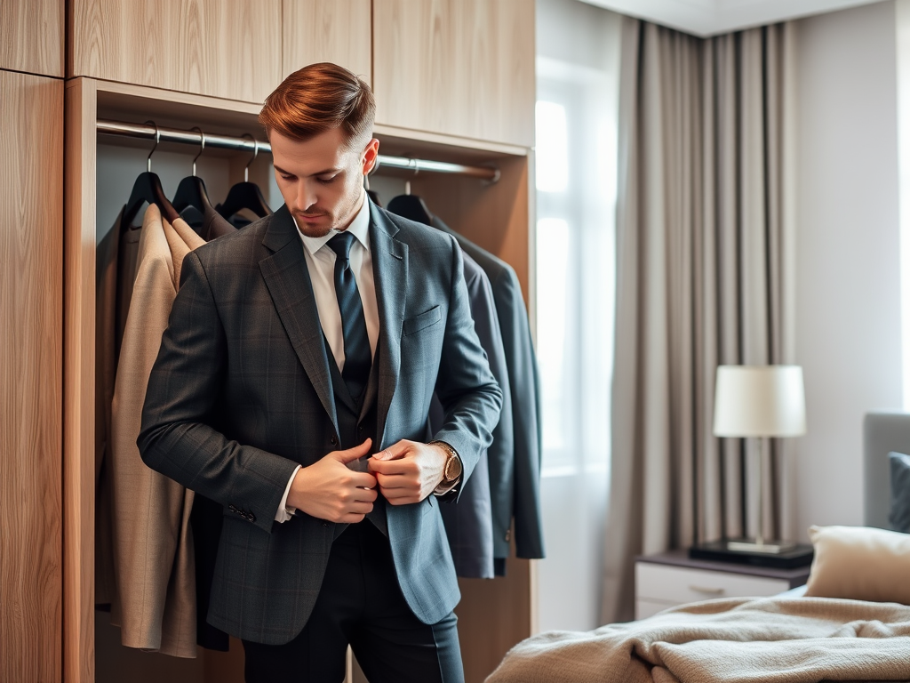 A man in a suit adjusts his attire in a modern, stylish bedroom with hanging jackets in the background.