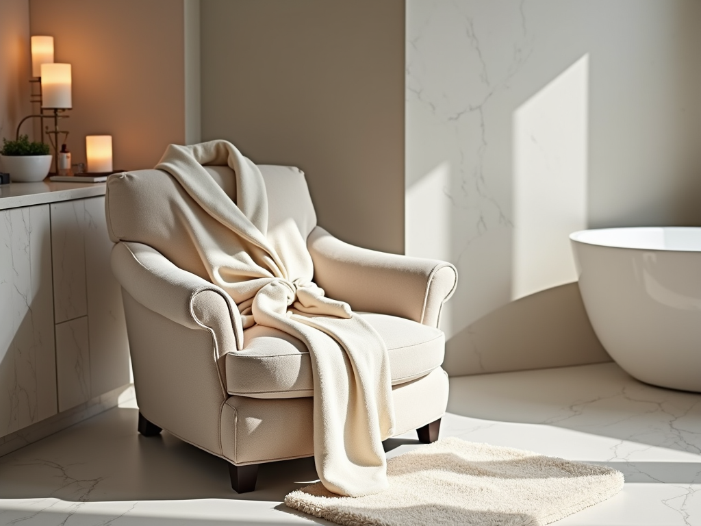 Elegant bathroom with a cozy beige armchair adorned with a soft blanket, near a freestanding bathtub.