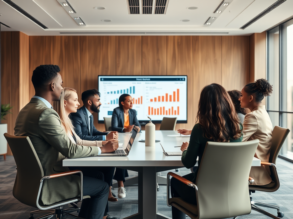 A diverse group of professionals sits around a conference table, discussing data displayed on a screen.