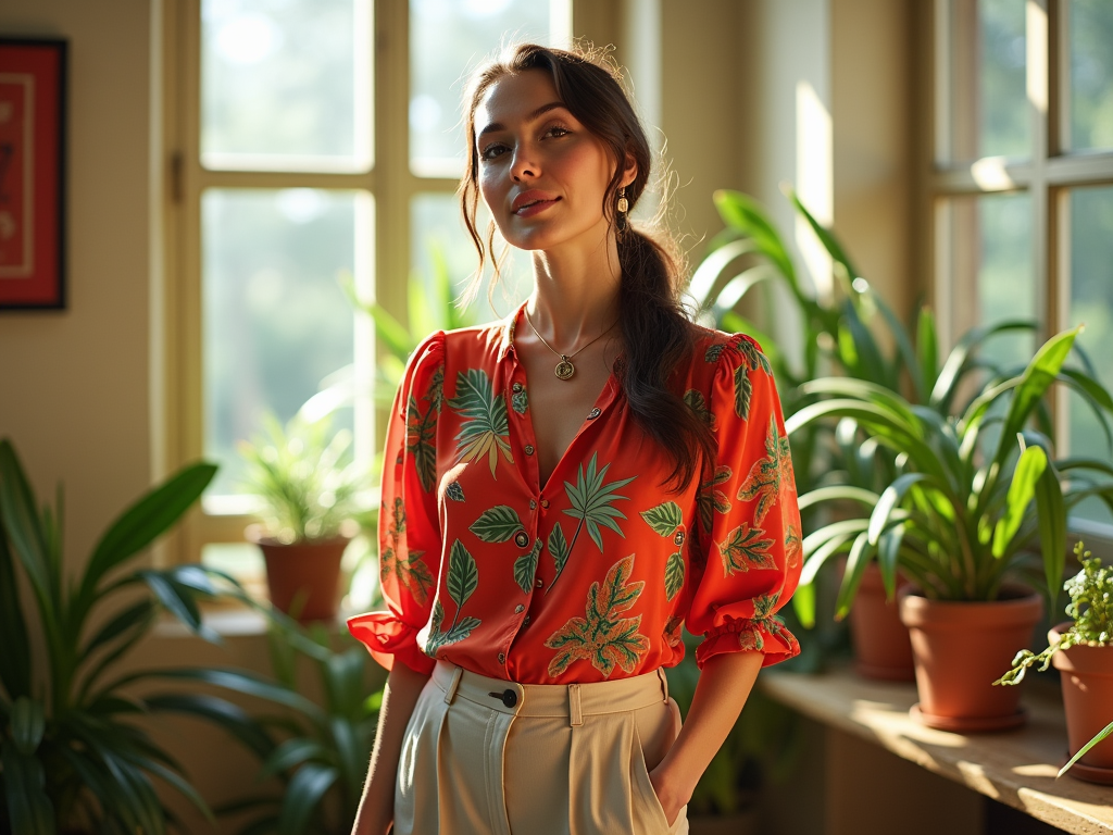 Woman in a red floral shirt standing in a sunlit room surrounded by green plants.