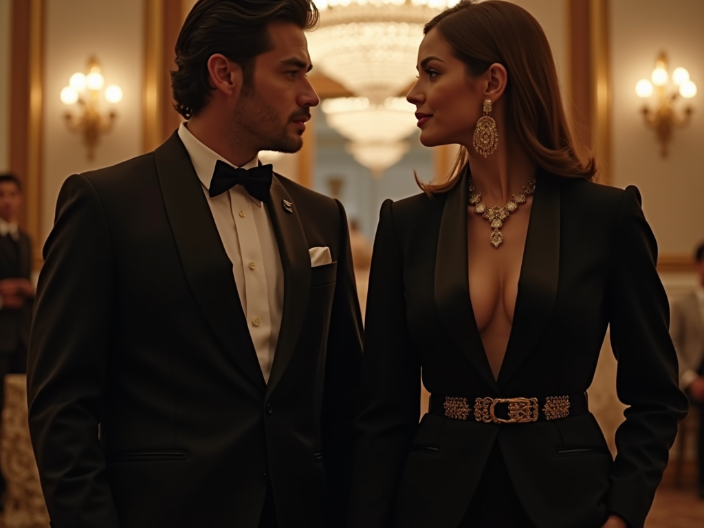 Elegant man and woman in formal attire sharing a moment at an opulent event.