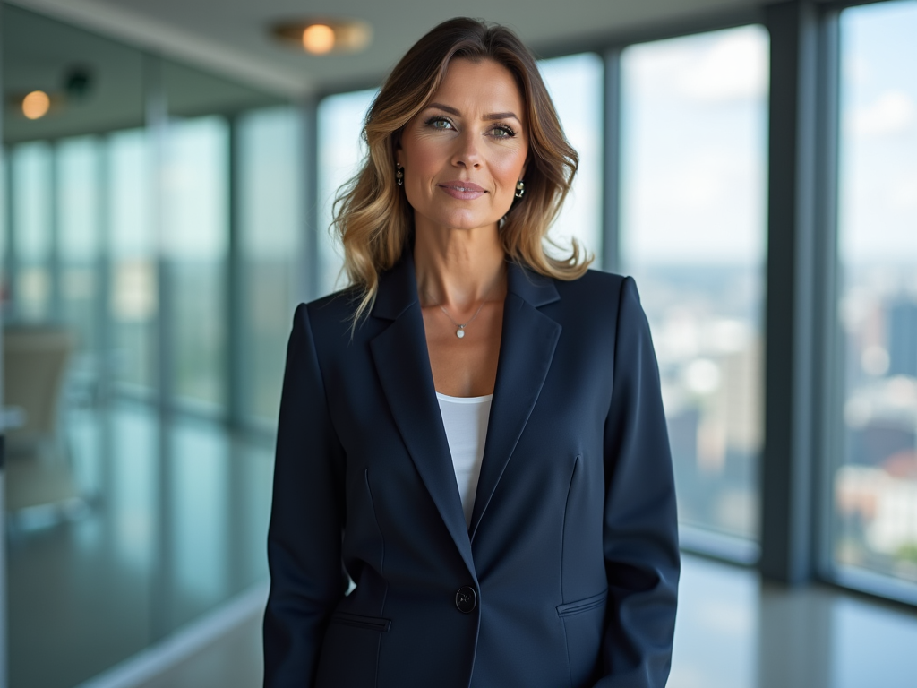 Professional woman in suit standing confidently in an office with city view.