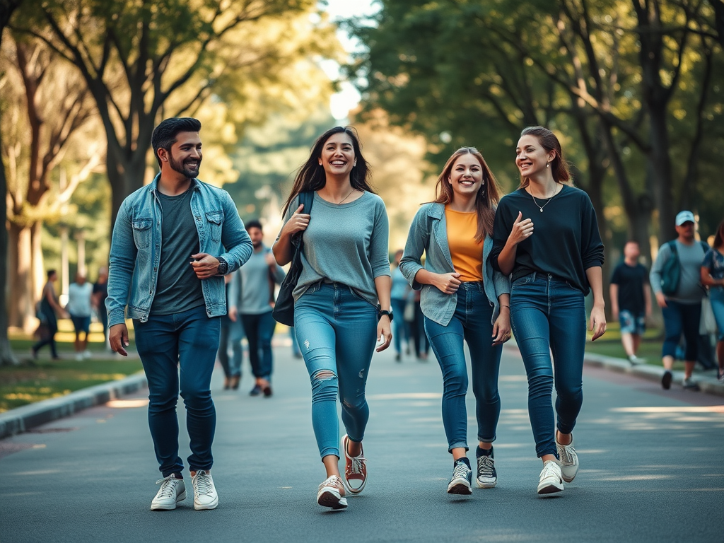 Four friends walk together along a tree-lined path, smiling and enjoying their day in a lively outdoor setting.