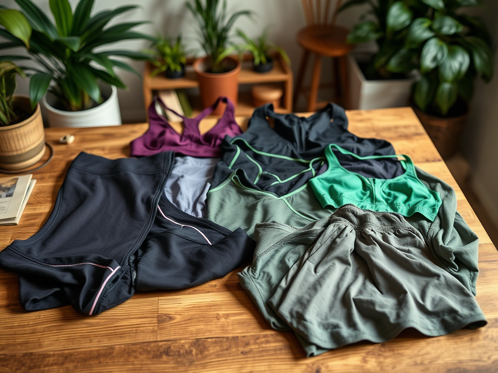 A collection of women's athletic wear, including sports bras and shorts, arranged on a wooden table with plants in the background.