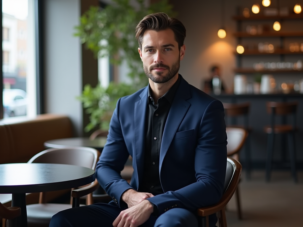 Man in dark suit sitting at table in a cafe with modern interior design.