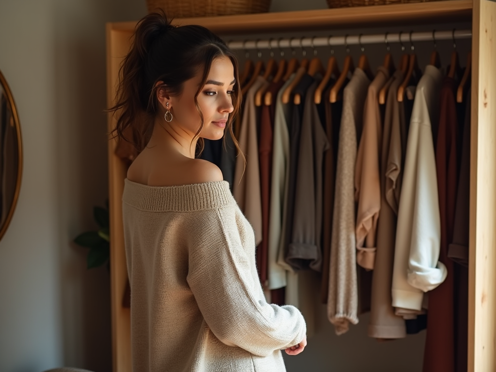 Woman in a beige sweater looking away, standing by a closet filled with clothes.