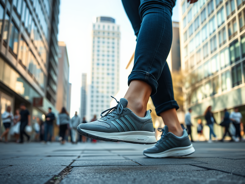 A close-up of a person's foot in gray sneakers walking on a city street, with buildings and people in the background.
