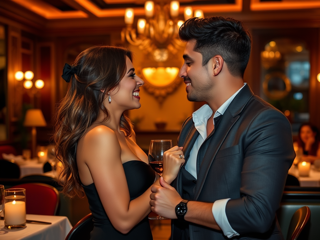 A romantic couple exchanges smiles and holds hands, enjoying an intimate moment in an elegant restaurant.