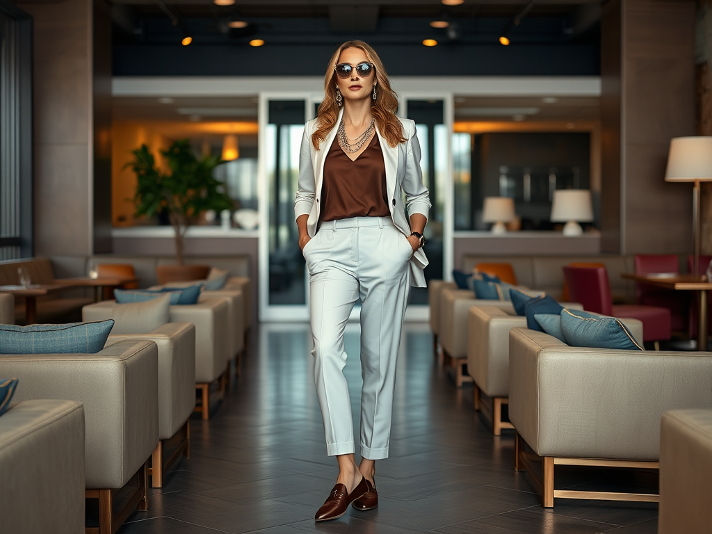 A stylish woman walks confidently in a modern lounge, wearing sunglasses and elegant attire.