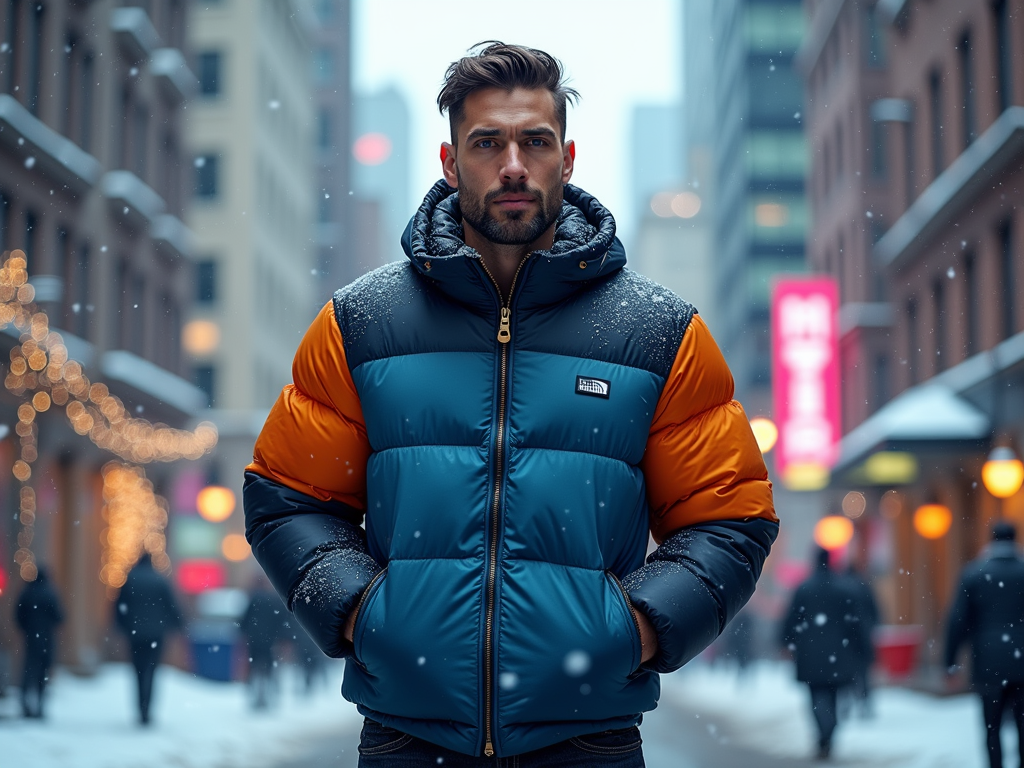 Man in a blue and orange jacket stands on a snowy street with blurred city lights in the background.