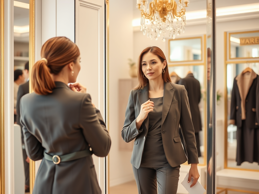 A woman in a tailored suit looks at her reflection in a mirror, showcasing a confident expression.
