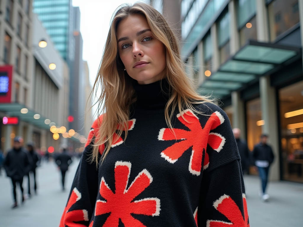 Woman in black turtleneck with red flower designs, urban background.