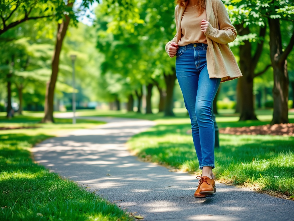 A woman in a beige cardigan walks along a sunny park path, surrounded by green trees and grass.