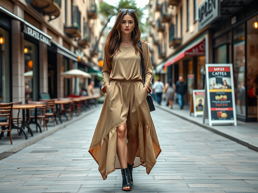 A fashionable woman in a tan dress walks confidently down a bustling street lined with outdoor cafes.