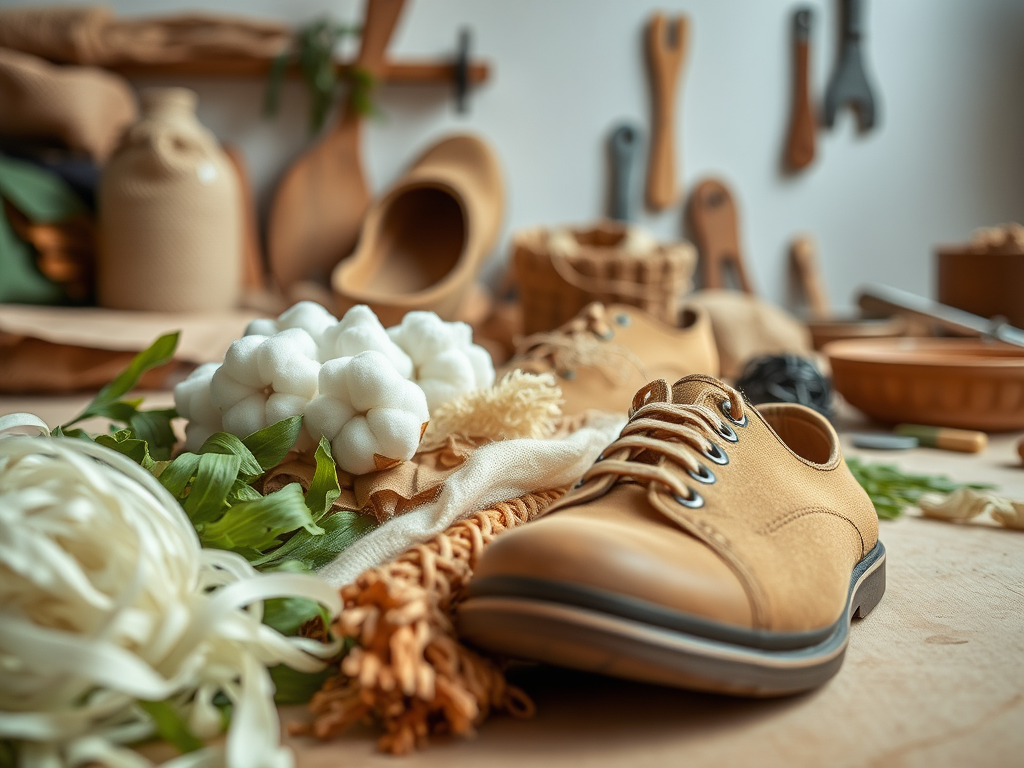 A close-up of a brown shoe surrounded by cotton, leafy greens, and various crafting tools and materials.