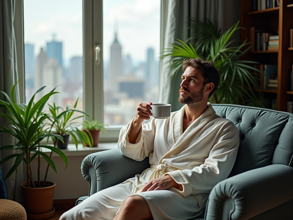 Man in white robe sipping coffee on a couch, with cityscape visible through window.