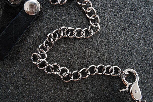 Close-up of a wallet chain worn on a belt loop
