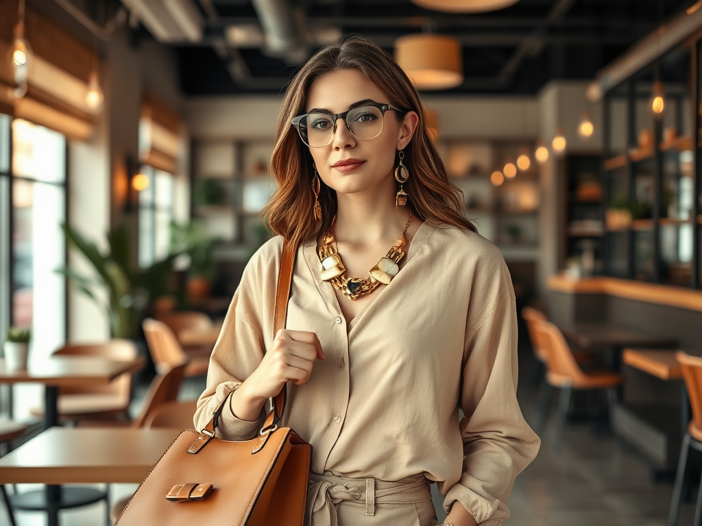 A young woman with long hair and glasses stands in a stylish café, wearing a beige outfit and holding a handbag.