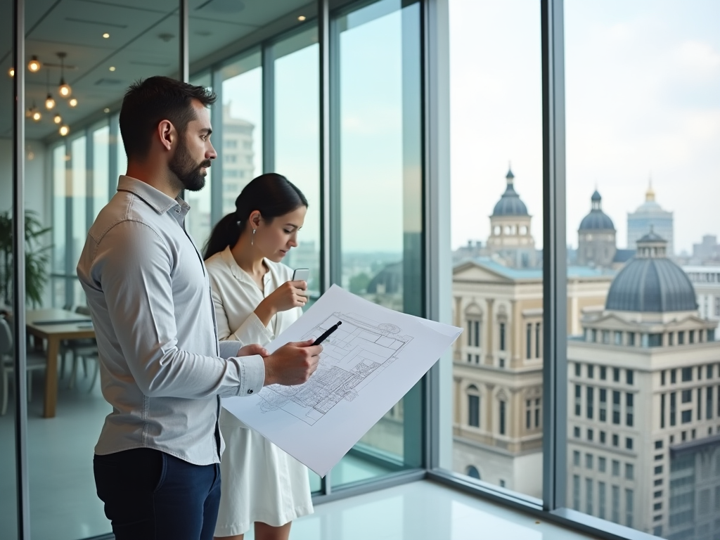 Two professionals discussing a blueprint by a large window overlooking a cityscape.