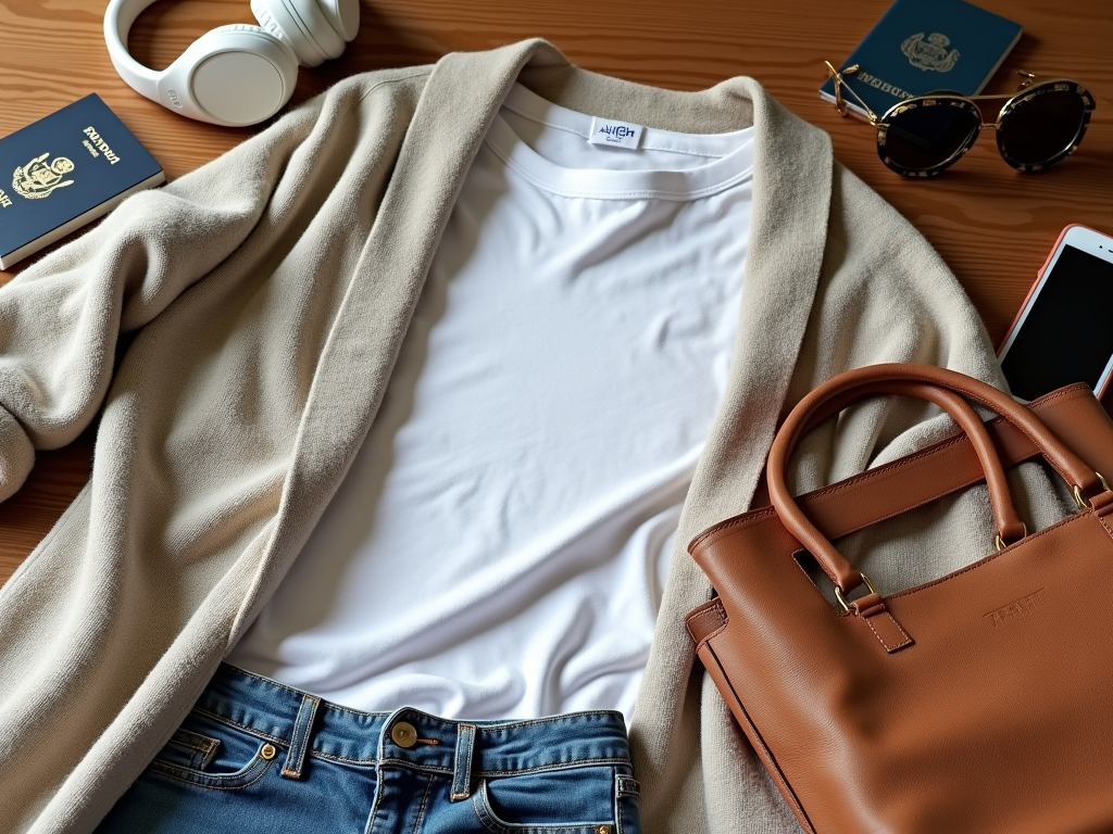 Travel essentials laid out: passport, headphones, sunglasses, smartphone, beige cardigan, white t-shirt, jeans, tan leather bag.