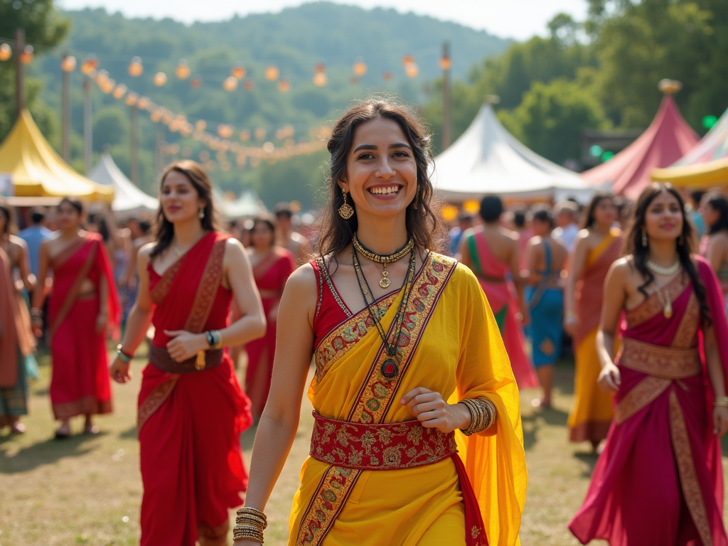 Woman in yellow saree smiling at a vibrant outdoor festival with other attendees in colorful attire.