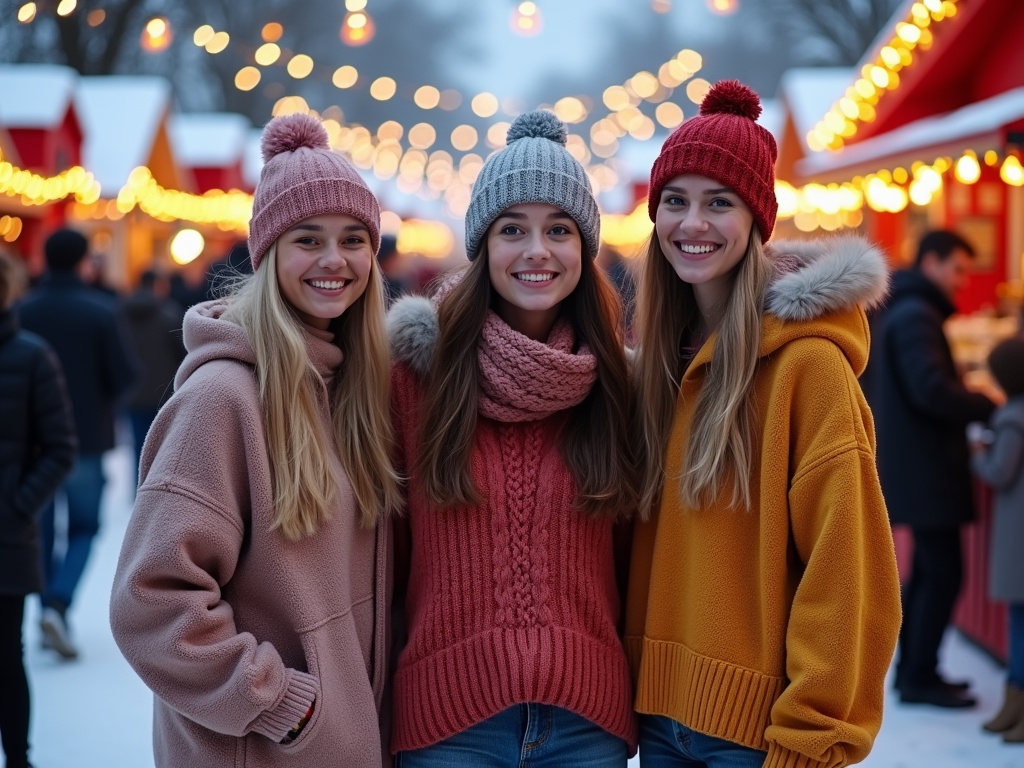 Three young women smiling at a festive outdoor market, wearing colorful winter hats and sweaters.