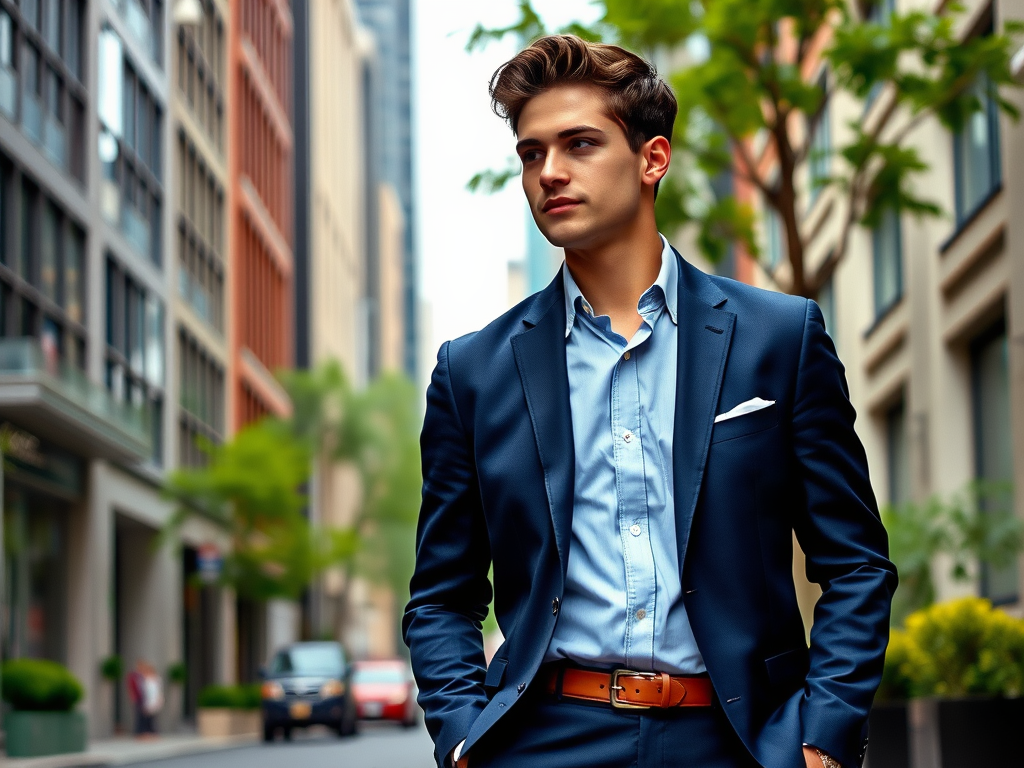 A young man in a stylish suit stands confidently on a city street, surrounded by modern buildings.