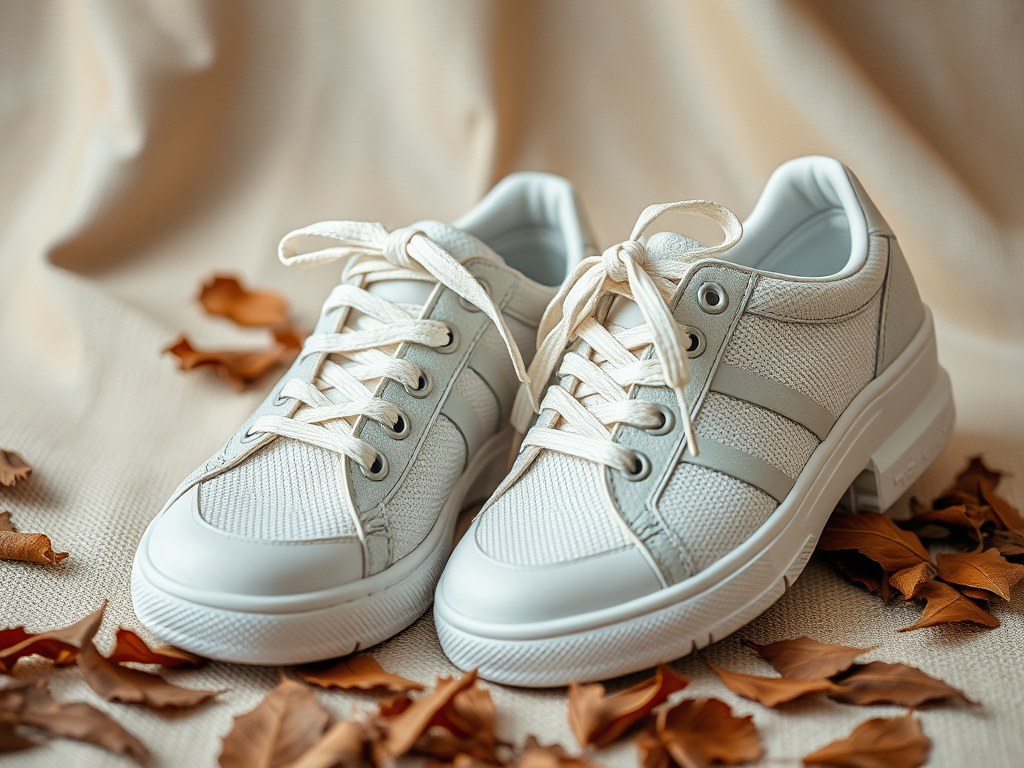 A pair of stylish light gray sneakers on a textured surface surrounded by dried leaves.