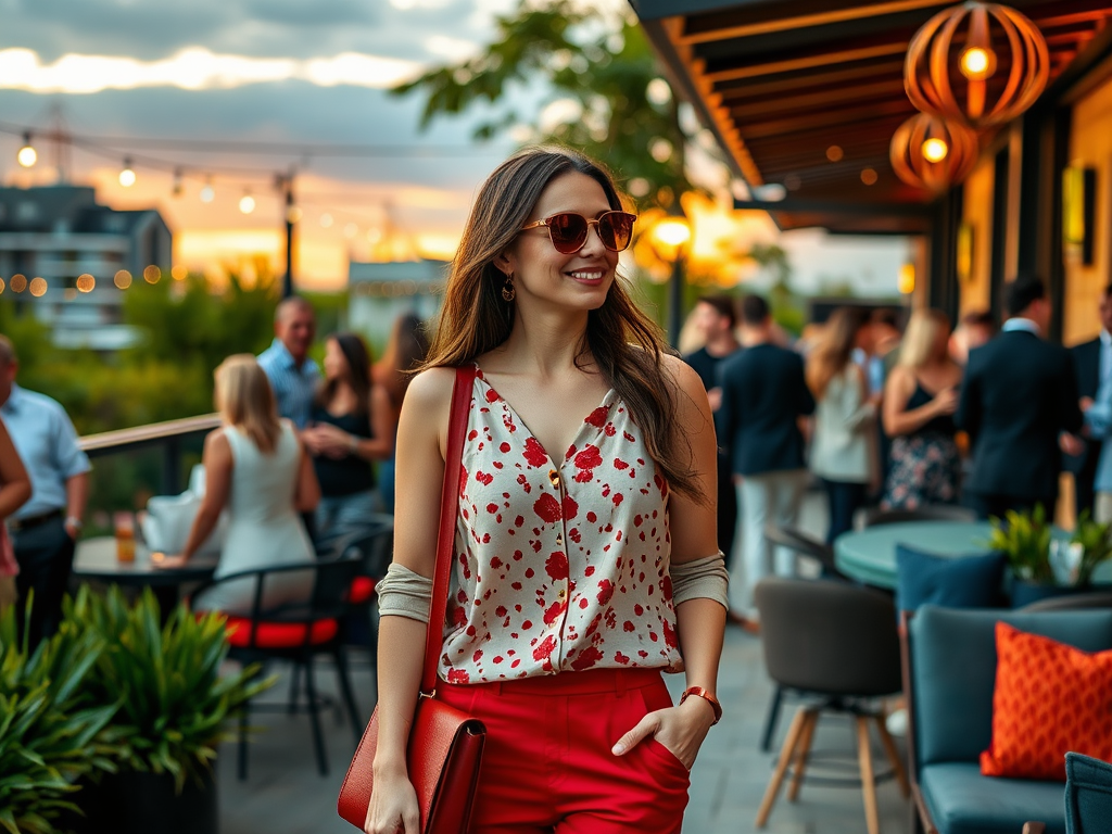 A smiling woman in stylish attire walks through a lively outdoor gathering at sunset, enjoying the vibrant atmosphere.