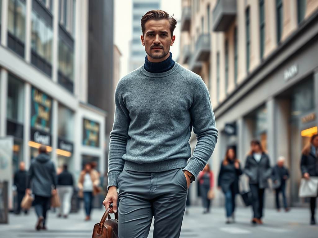 A stylish man in a gray sweater walks confidently through a busy urban street, holding a brown bag.