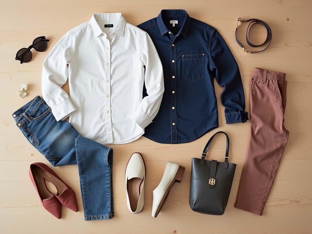 Flat lay of a stylish outfit: white shirt, blue denim jeans, navy shirt, chino pants, shoes, bag, and accessories.