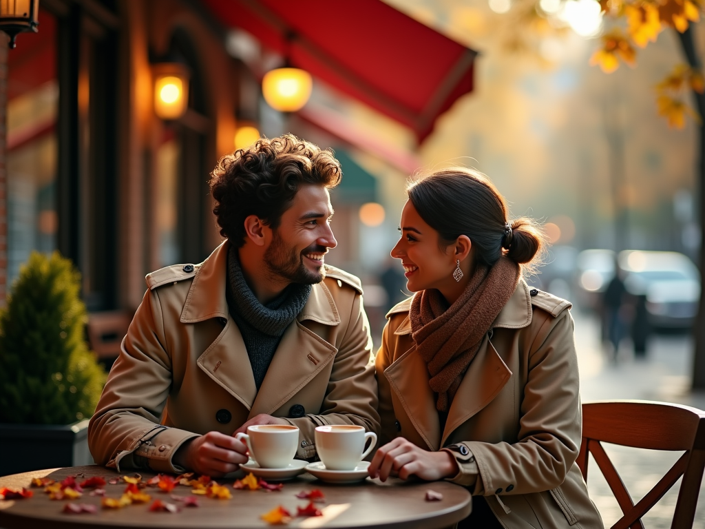 A couple enjoying coffee and a chat at an outdoor cafe on a cozy autumn day.