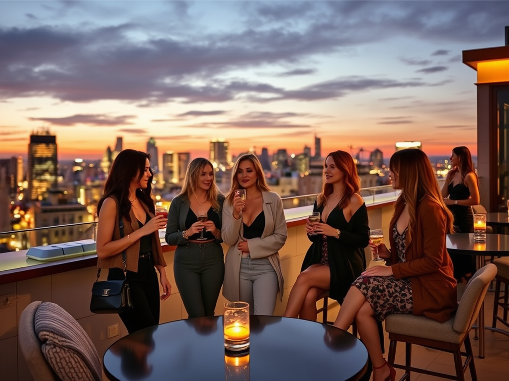 A group of women enjoying drinks and chatting on a rooftop during sunset, with a city skyline in the background.