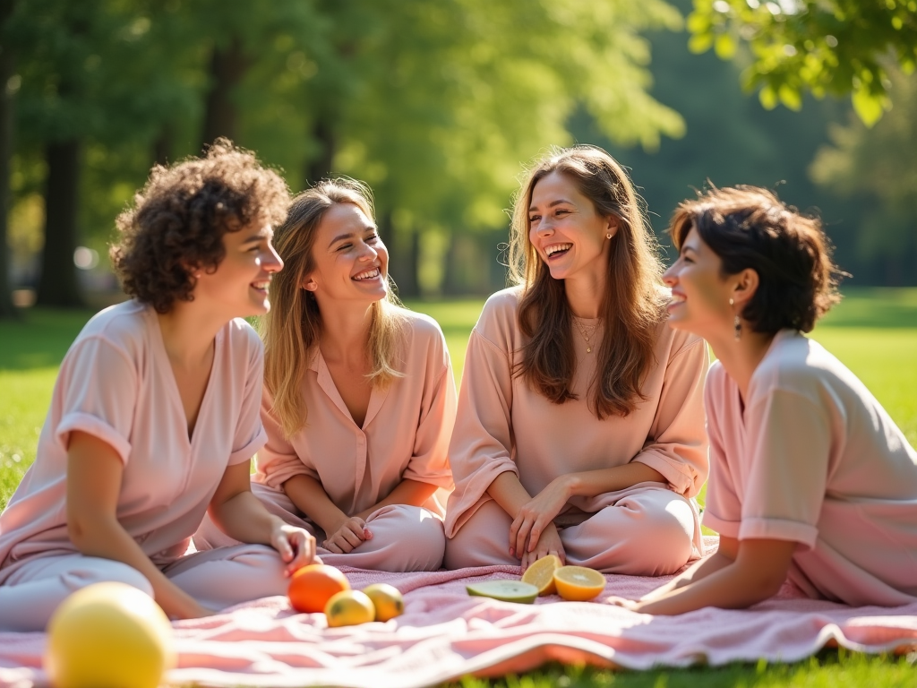 Four women laughing and chatting on a picnic blanket in a sunny park with fruits.