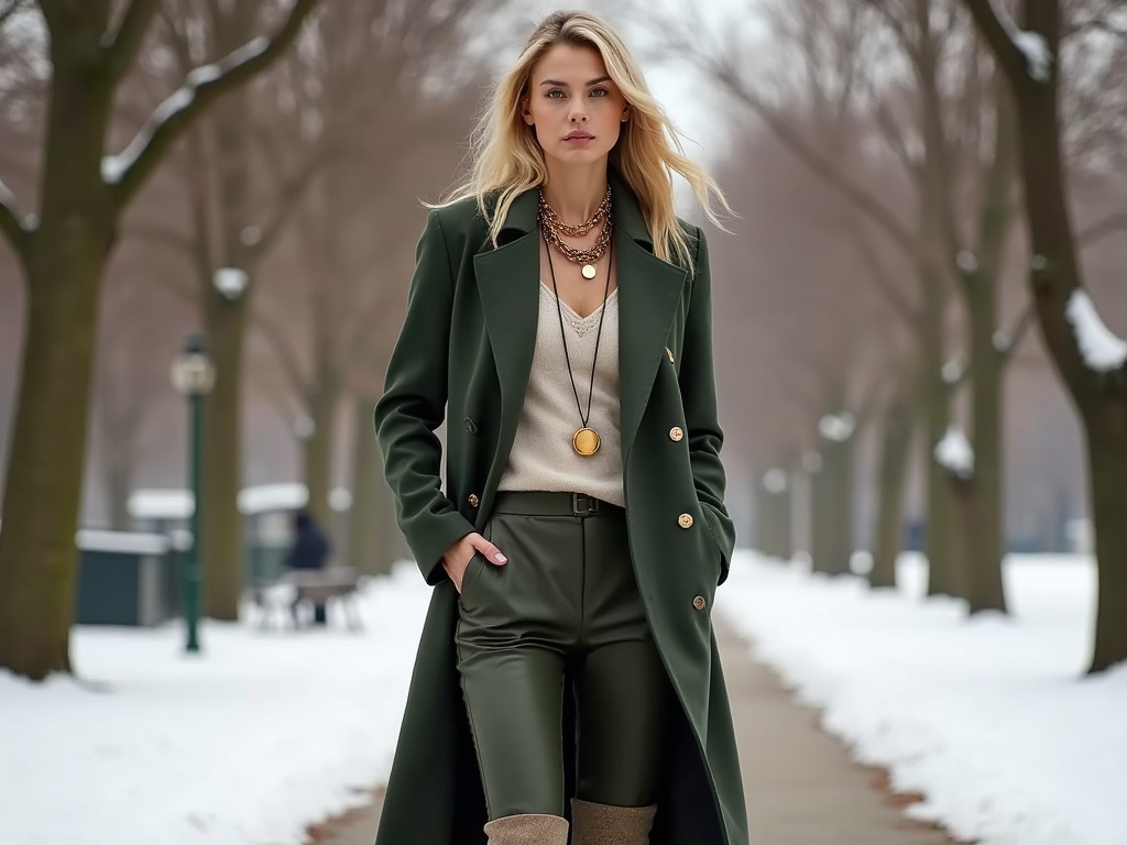 Woman walking in a snowy park wearing a green coat and stylish accessories.
