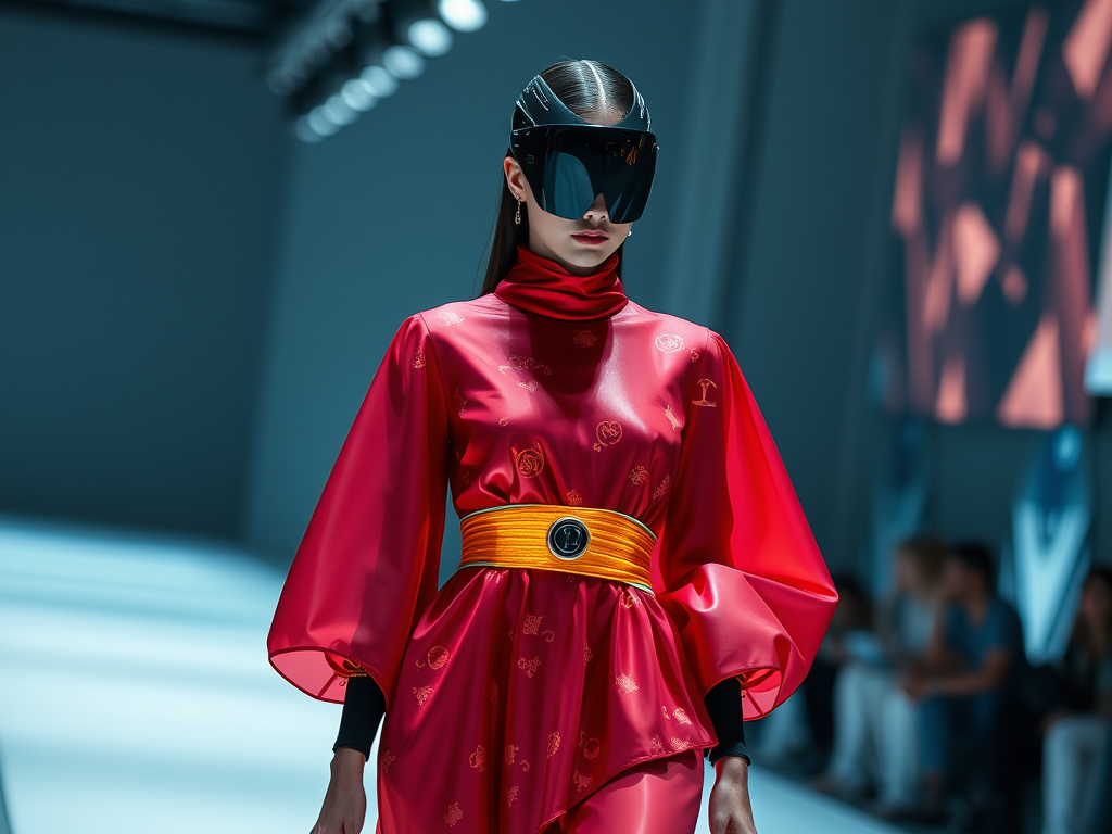 A model wearing a vibrant red dress with an oversized collar and a yellow belt, showcasing futuristic sunglasses on a runway.