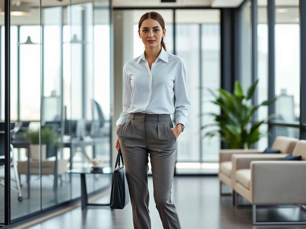 A woman in a white blouse and gray pants stands confidently in a modern office space, holding a black bag.