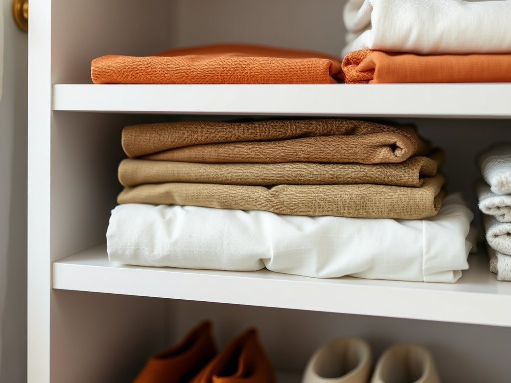 Neatly arranged shelves with stacked fabric in orange, beige, and white, alongside a pair of shoes below.