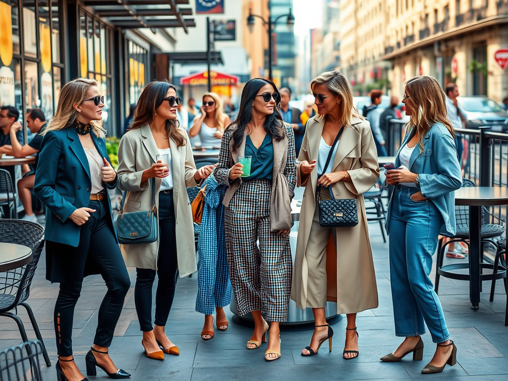 A group of stylish women chatting and sipping drinks on a city street lined with cafes and shops.