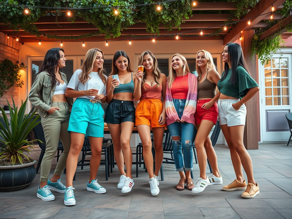 Seven women in colorful outfits stand together outdoors, enjoying drinks and smiling under string lights.