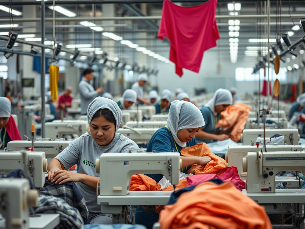 Several workers in headscarves are sewing at machines in a large garment factory, surrounded by colorful fabrics.